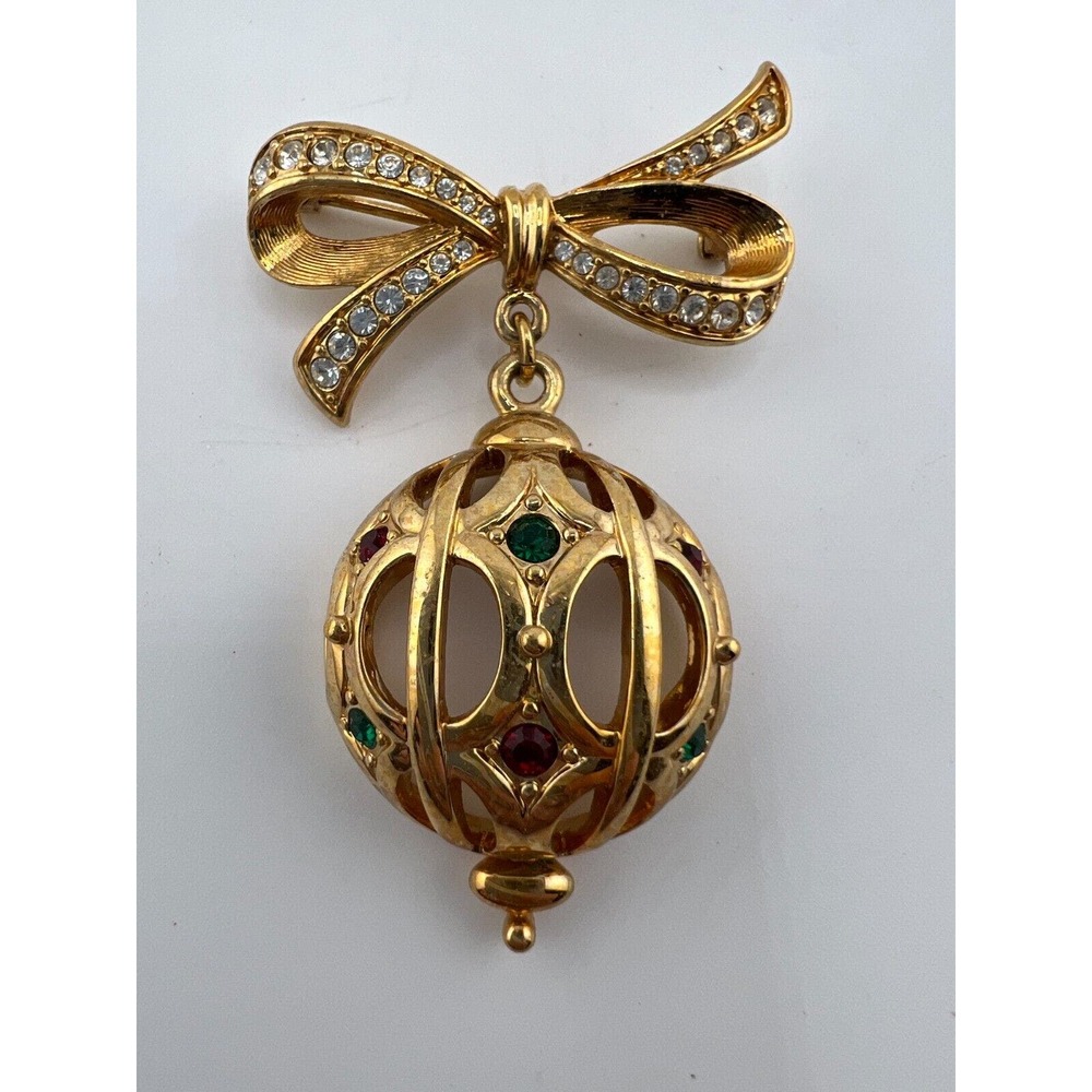 Vintage Christmas Bowโ Charm Crystal Brooch Pin Ornament Gold Tone